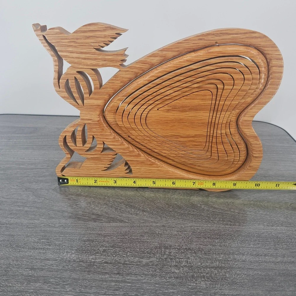 Handcrafted Collapsible Wooden Heart Fruit Basket Bird Motif Trivet Bowl
